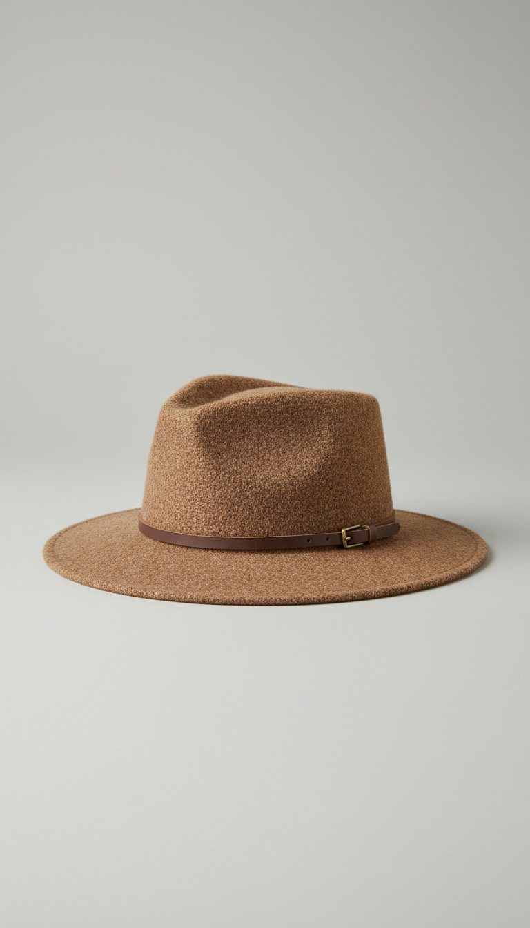 Rustic Brown wool hat, Use a 3/4 angle to showcase the hat's structure and adjustable features effectively. The background...